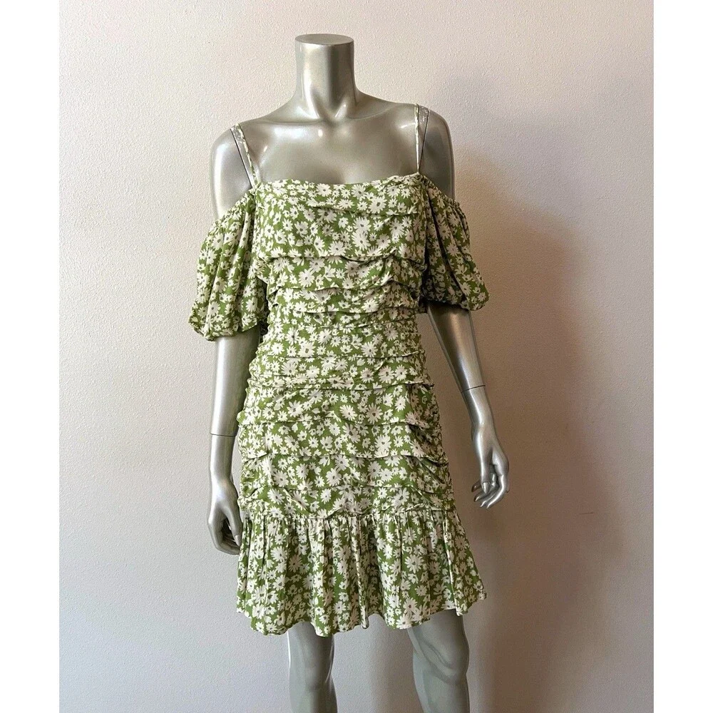 ASTR The Label Green Ditsy Mini Dress Size Large Floral Off Shoulder Puff Sleeve - Picture 2 of 5